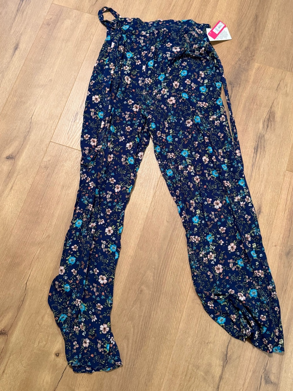 Xhilaration Navy Floral Wide-Leg Jumpsuit Pants with Teal & Cream Flowers